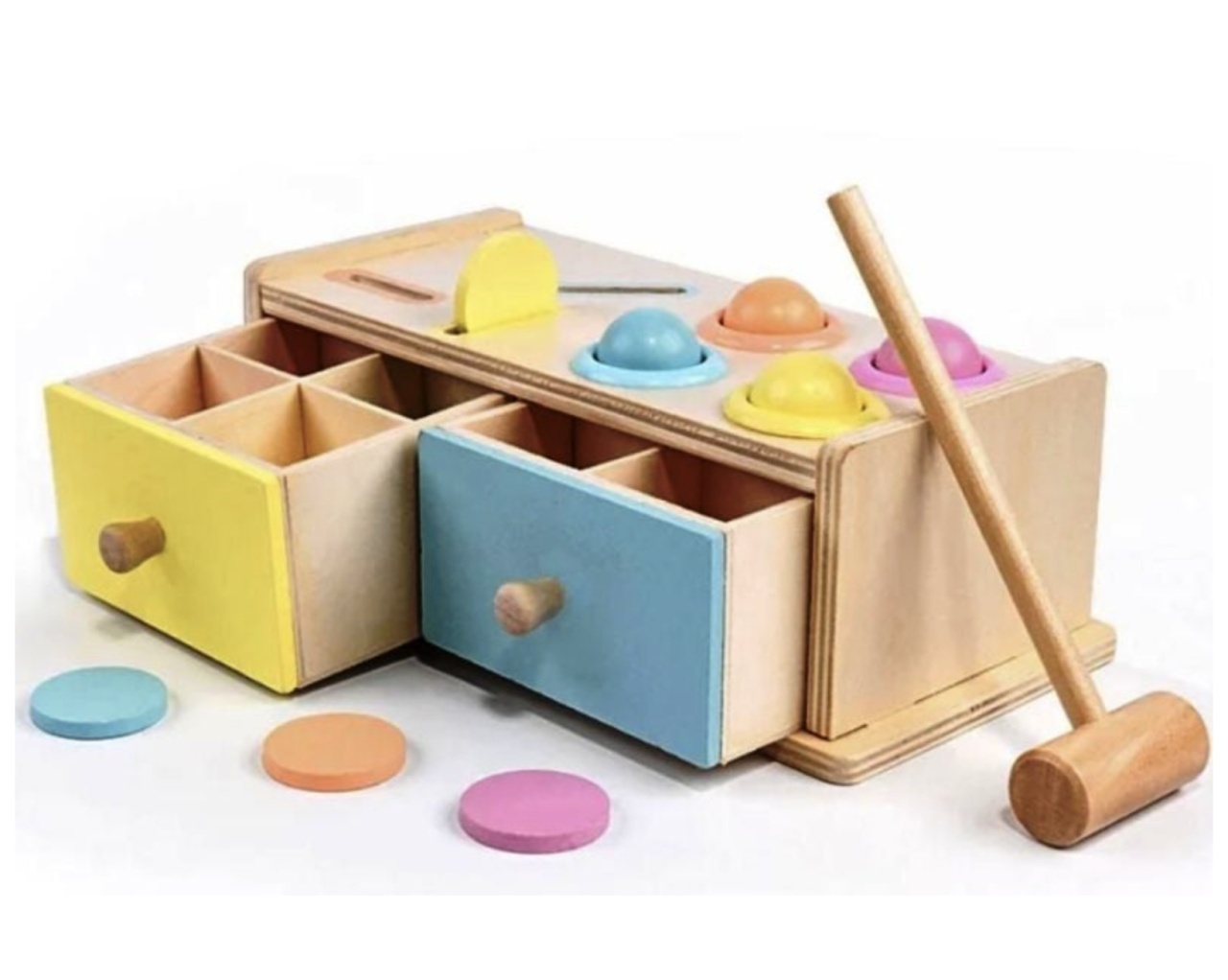Joc educativ Montessori Cutia cu sertare sortatoare, pastel, din lemn - 3 | YEO