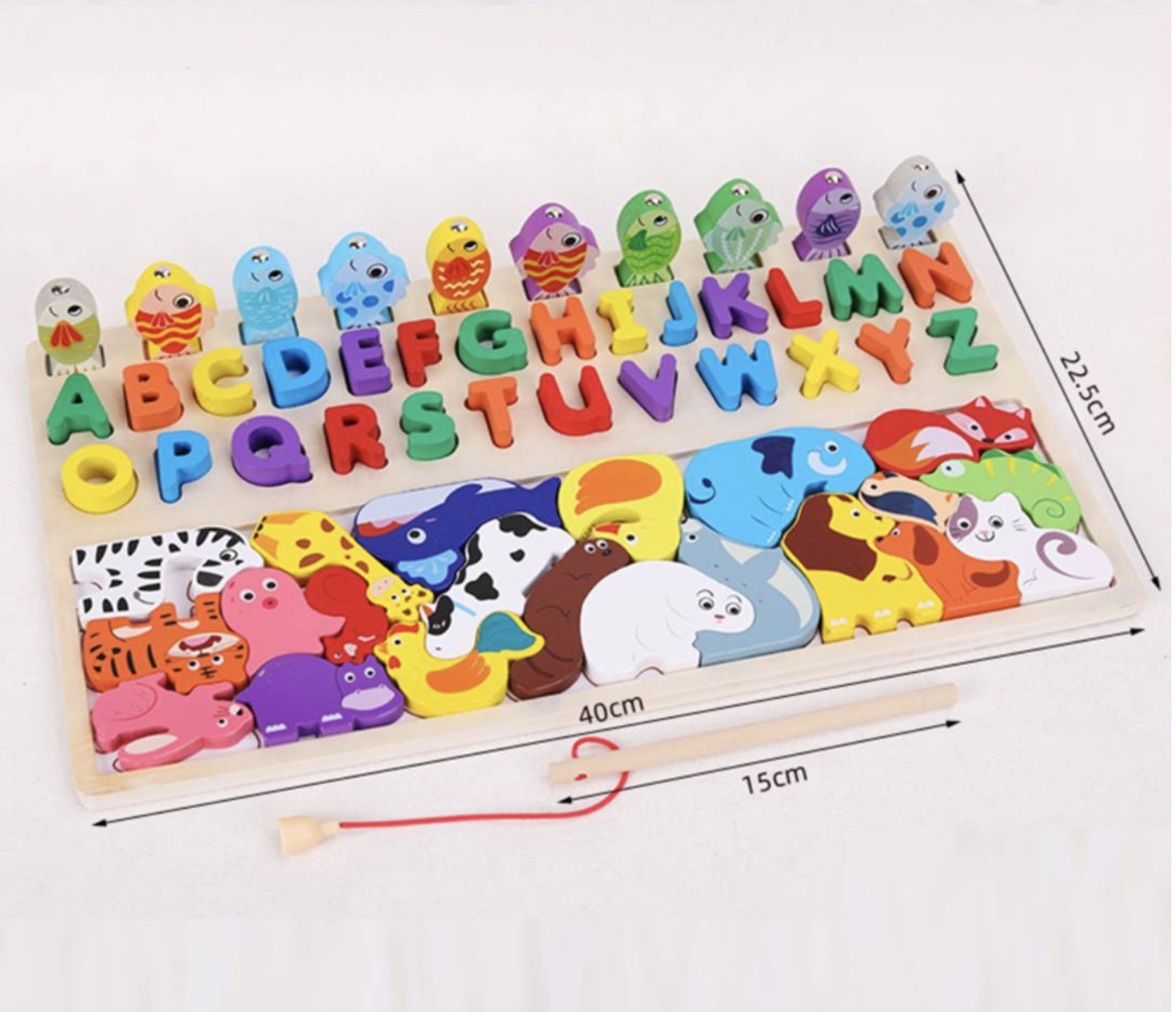 Joc Logarithmic Montessori 4 in 1, cu tetris cu Animale, joc de pescuit, litere, incastru, din lemn - 3 | YEO