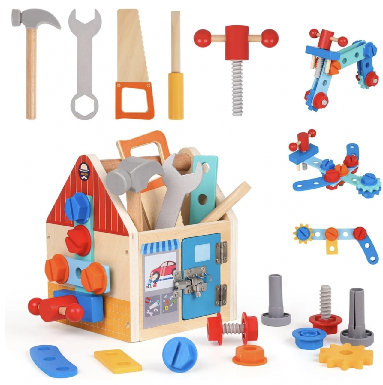 Joc Montessori Casuta cu suruburi si 25 accesorii pentru motricitate fina, din lemn - 1 | YEO