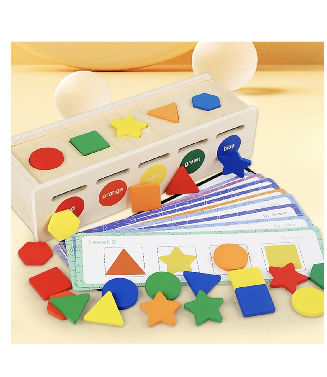 Joc Montessori Cutie de sortare culori si forme, 25 piese si 13 cartonase - 3 | YEO