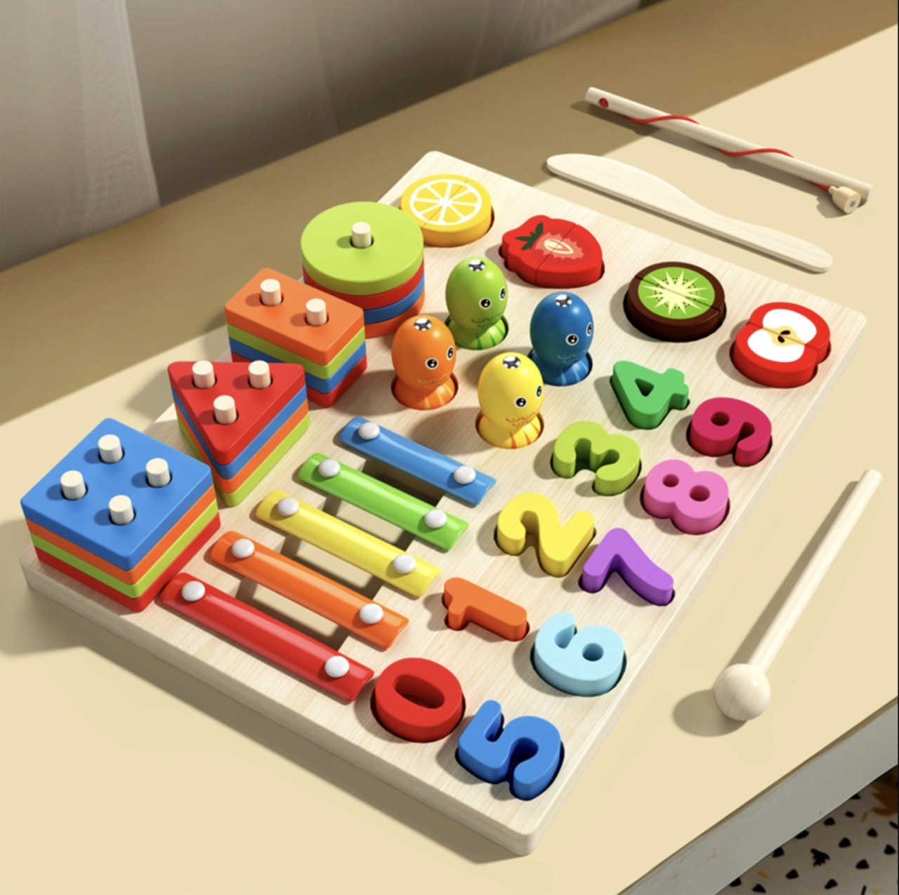 Jucarie Montessori 4 in 1 – Xilofon, Coloane sortator, Joc pescuit si Cifre, din lemn - 3 | YEO