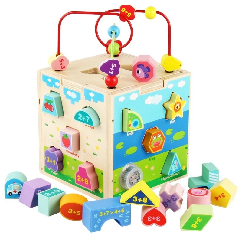 Jucarie Montessori Cub 5 in 1, cu fatete sortatoare de forme si circuit cu bile