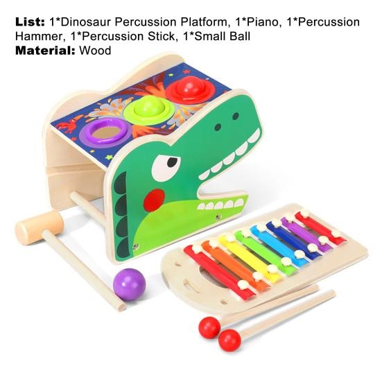 Jucarie Montessori Dinozaurul cu Xilofon si pista cu bile si ciocan, din lemn - 1 | YEO