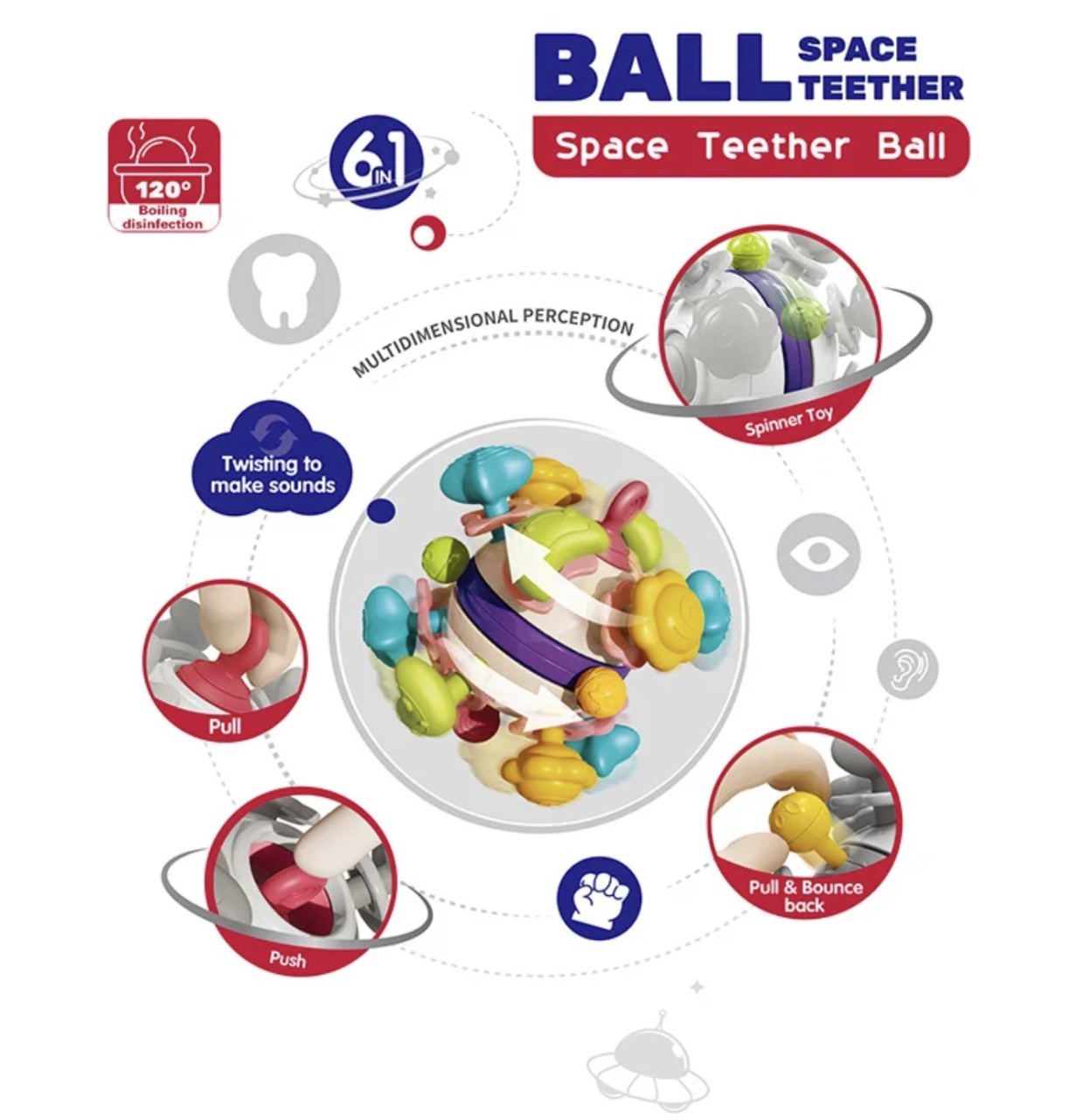Jucarie senzoriala si dentitie pentru bebelusi Spatiul Cosmic - Ball Space Teether - 3 | YEO