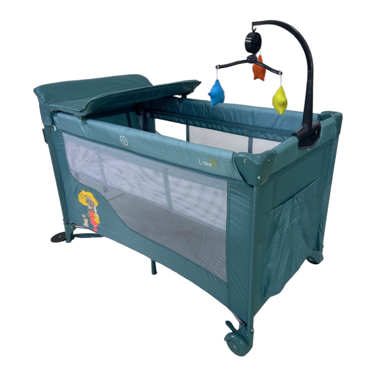 Patut cu saltea de infasat, cu doua nivele, baldachin si carusel P01 verde - 2 | YEO
