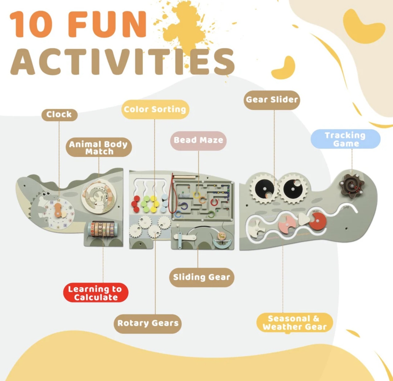 Placa Montessori Busy Board 10 activitati Dinozaur, din lemn - 3 | YEO