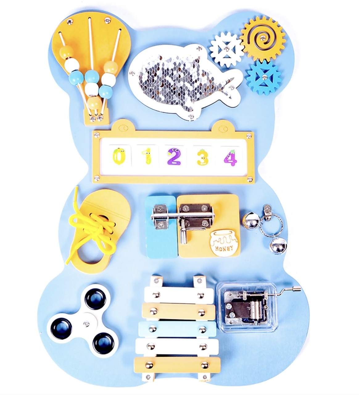 Placa Montessori Busy Board 10 activitati Ursuletul bleu, din lemn - 1 | YEO