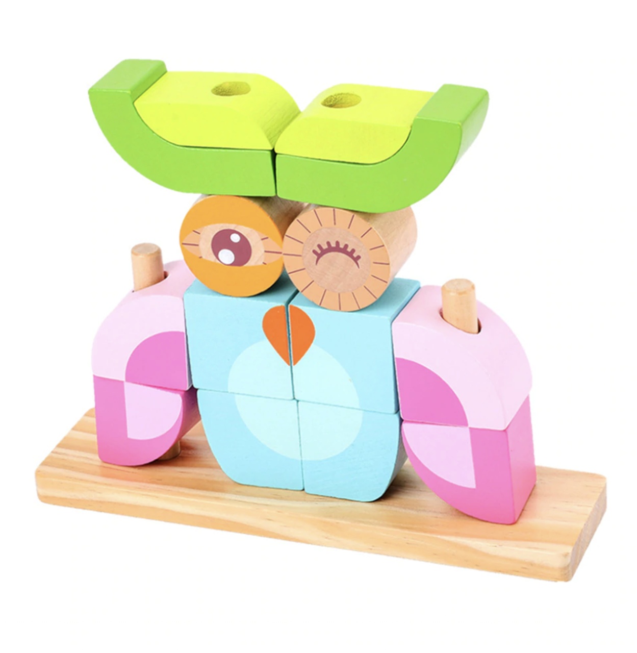 Puzzle 3D din 14 cuburi colorate, pe tije, Bufnita roz cu bleu
