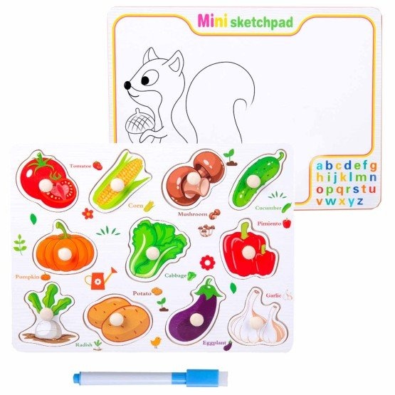 Puzzle incastru cu tablita de desen si marker, Legume, din lemn