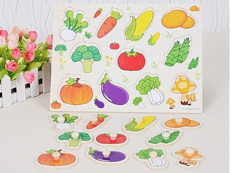 Puzzle Incastru Din Lemn Cu Legume Cu Buton Si Imagini - 1 | YEO