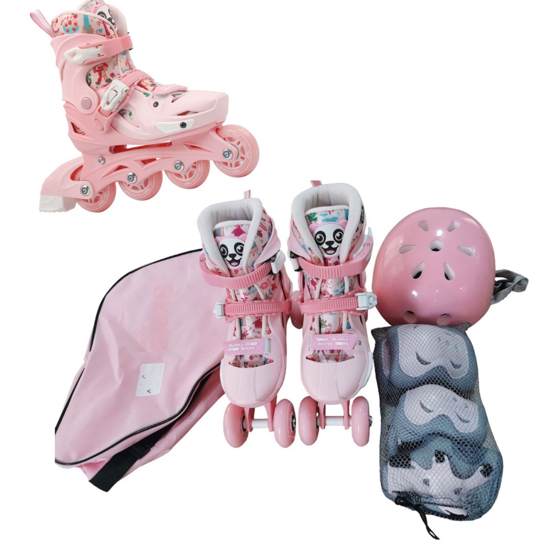 Role copii 2 in 1, R011R, cu casca, cotiere si genunchiere, masuri reglabile, roz