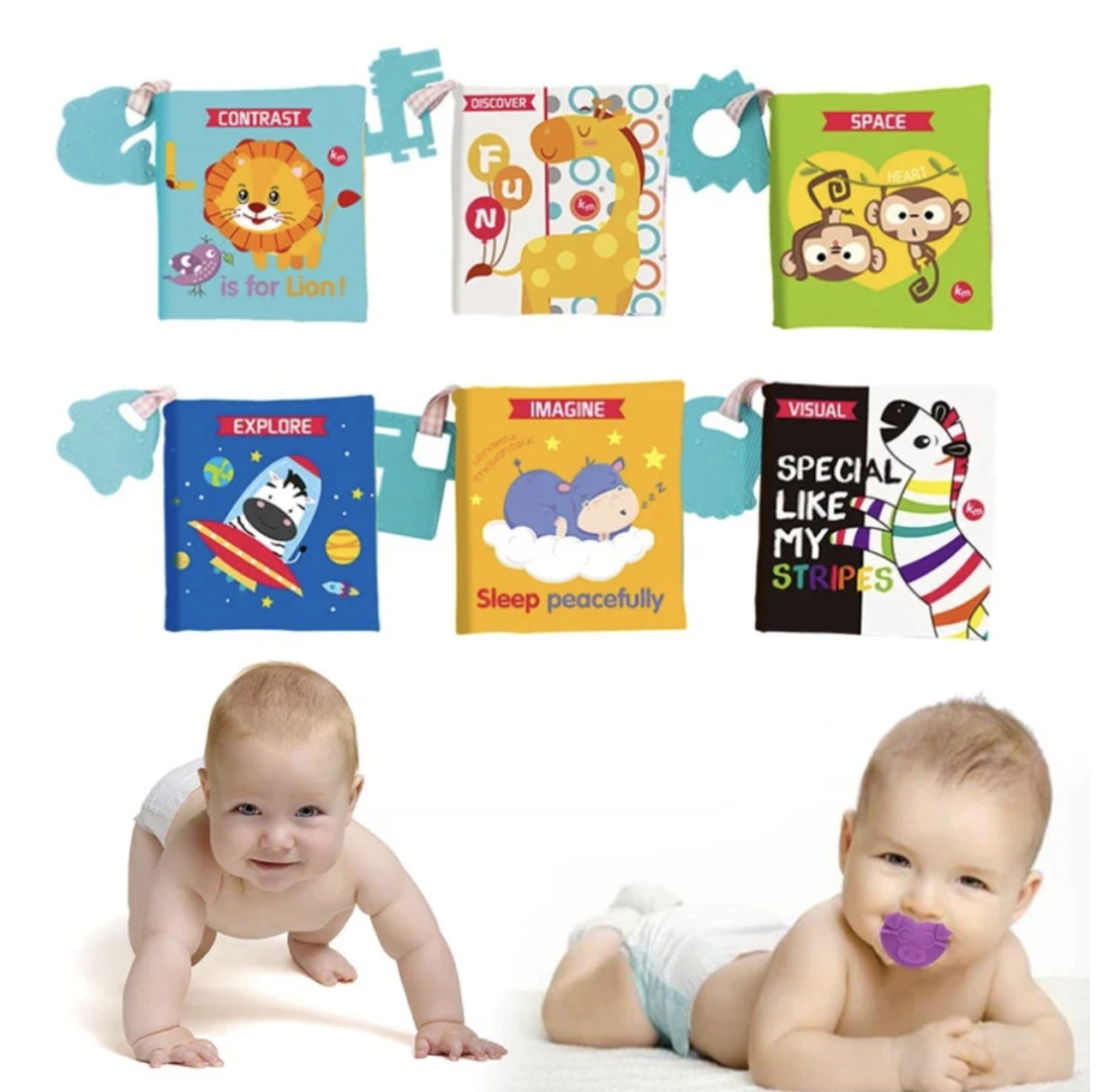 Set 6 carti senzoriale bebe, cu jucarii de dentitie - 1 | YEO