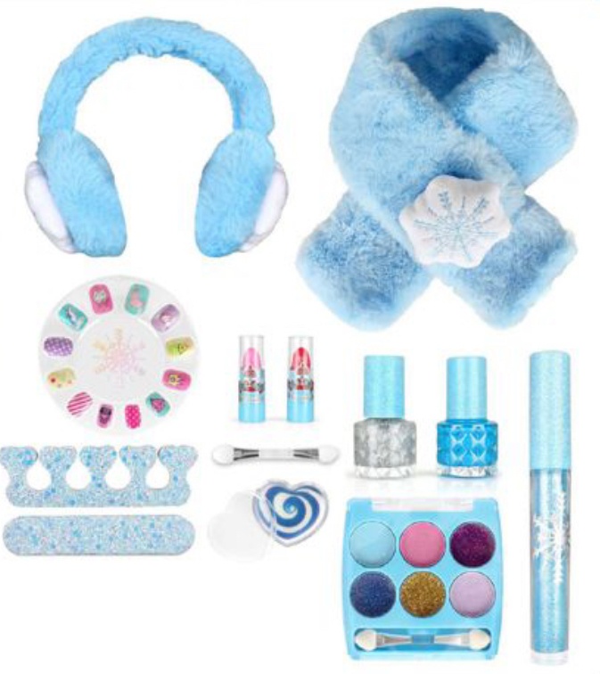 Set de machiaj si manichiura unghii, Hello Winter pentru copii, cu fular si casti pufoase de urechi, bleu - 1 | YEO