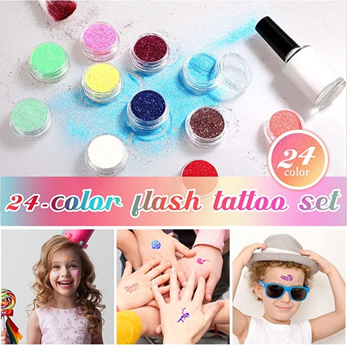Set tatuaj cu sclipici pentru copii, Beauty Bomb, cu 24 culori - 1 | YEO