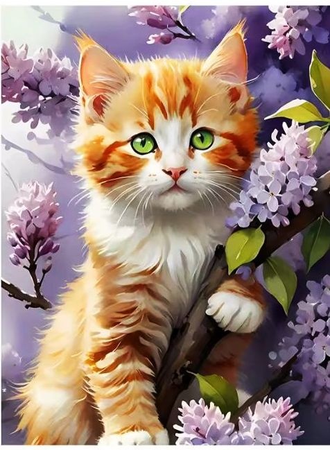 Tablou PM702 Picteaza Dupa Numere, cu rama, 20x30 cm, Pisicuta in flori de liliac