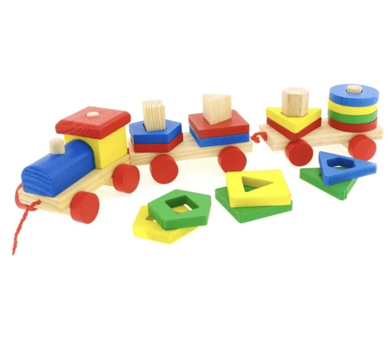 Trenulet de tras, cu sortator – Happy Train, 19 Forme Geometrice, din lemn