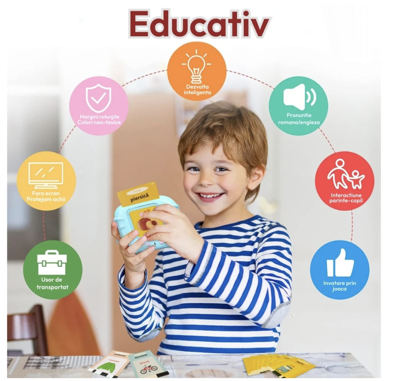 Cititor de carduri educativ – limba romana si engleza – 448 cuvinte, Roz