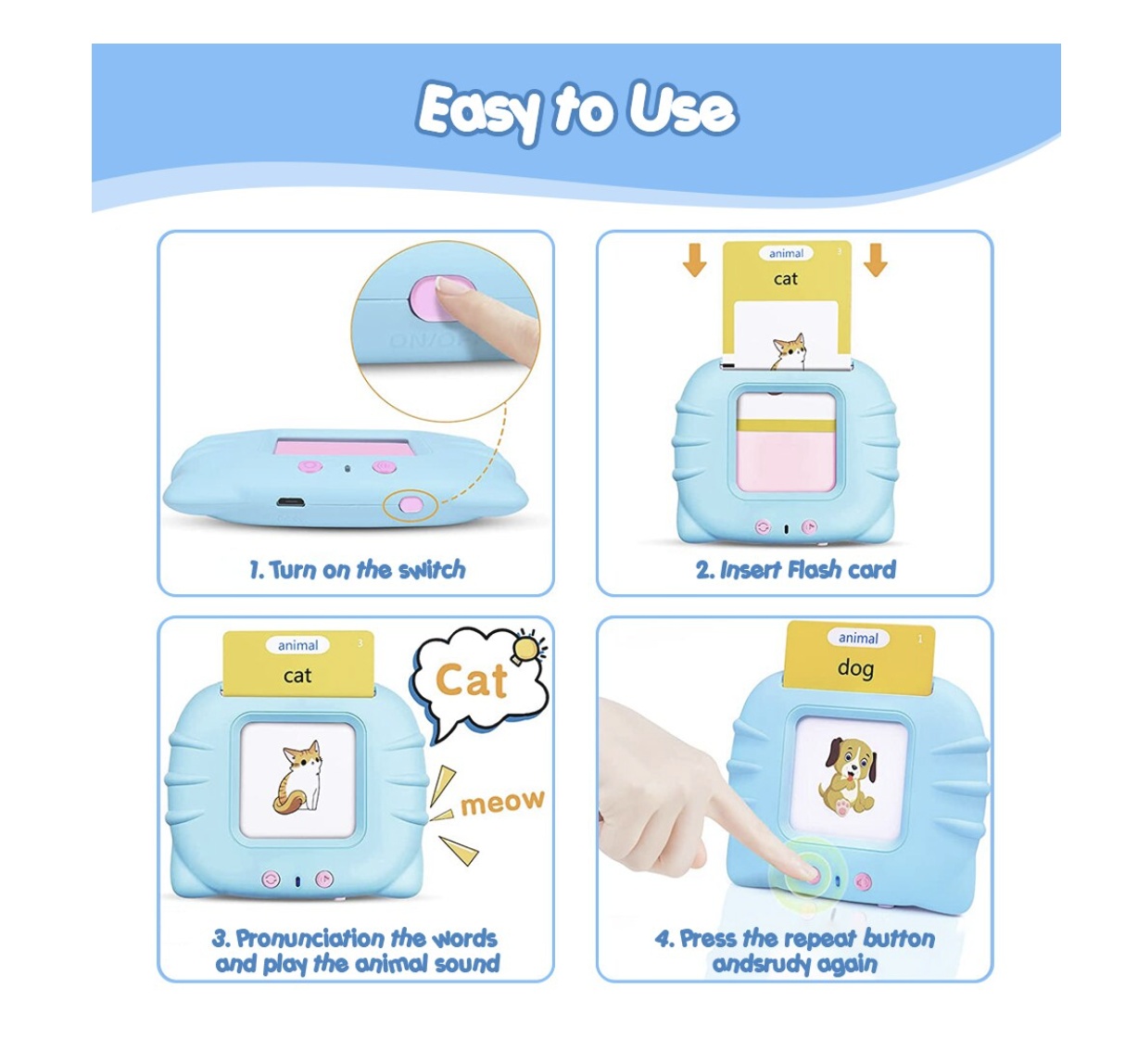 Cititor interactiv cu 112 carduri educative – Jucarie de invatare copii mici, bleu - 3 | YEO