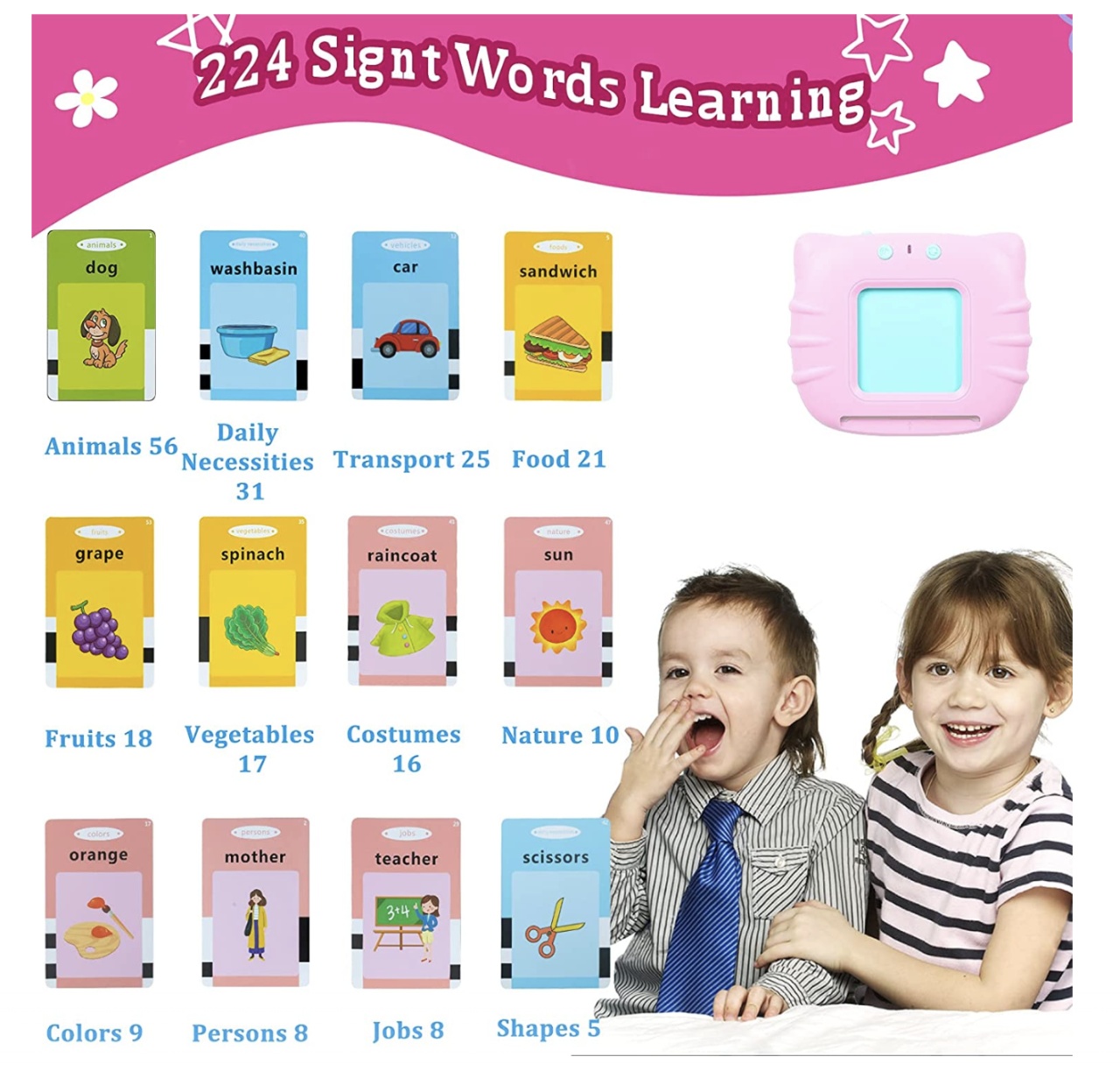 Cititor interactiv cu 112 carduri educative – Jucarie de invatare copii mici, roz - 3 | YEO