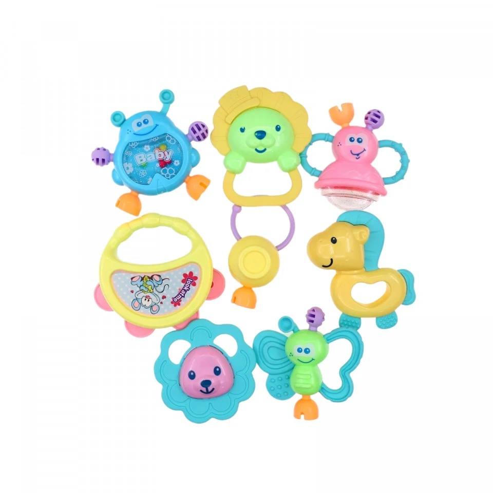 Cutie cu set 8 jucarii zornaitoare cu suprafete moi siliconate pentru dentitia bebelusilor, bleu - 3 | YEO