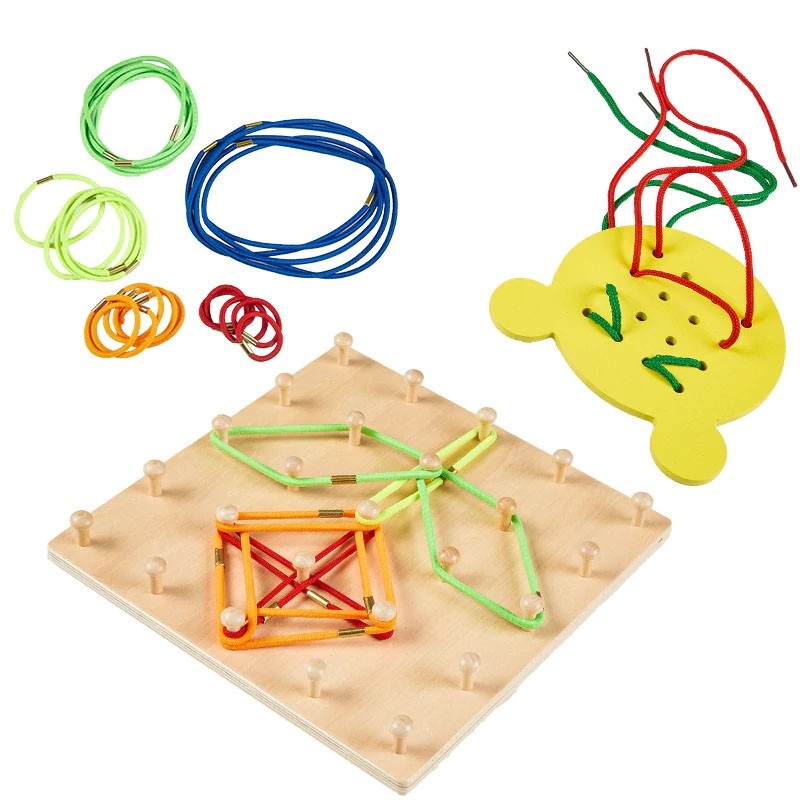 Joc din lemn Montessori Geoboard Snururi si Elastice cu 2 table