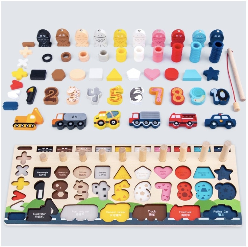 Joc Logarithmic Montessori 7 in 1, cu cifre, forme si vehicule, din lemn - 1 | YEO