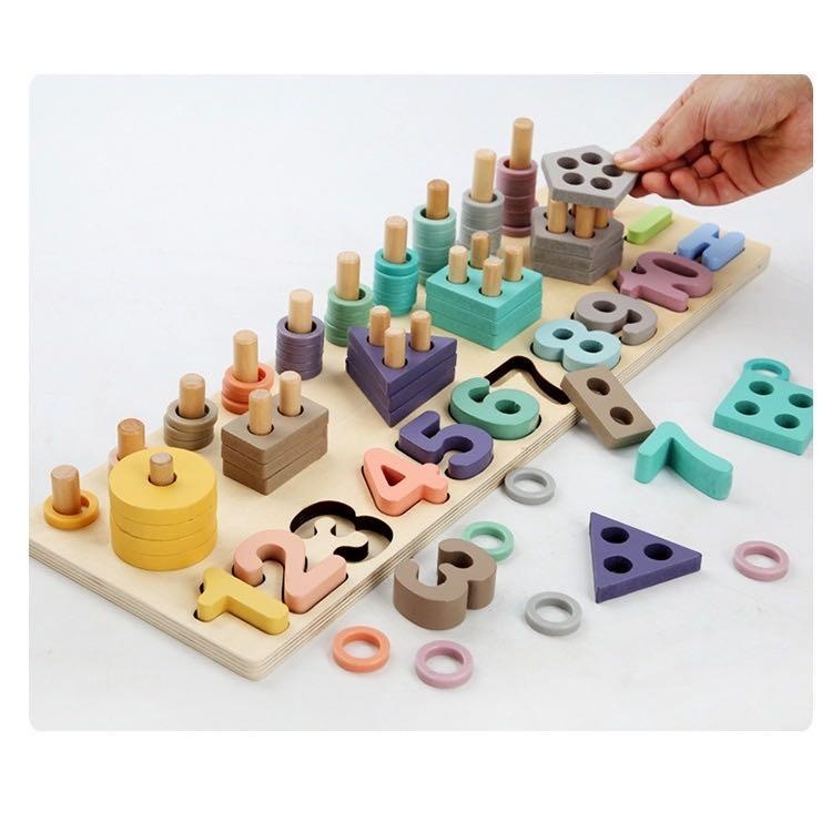 Joc Montessori Logarithm 4 in 1, aritmetica cu cifre si coloane sortoatoare de forme,din lemn - 1 | YEO