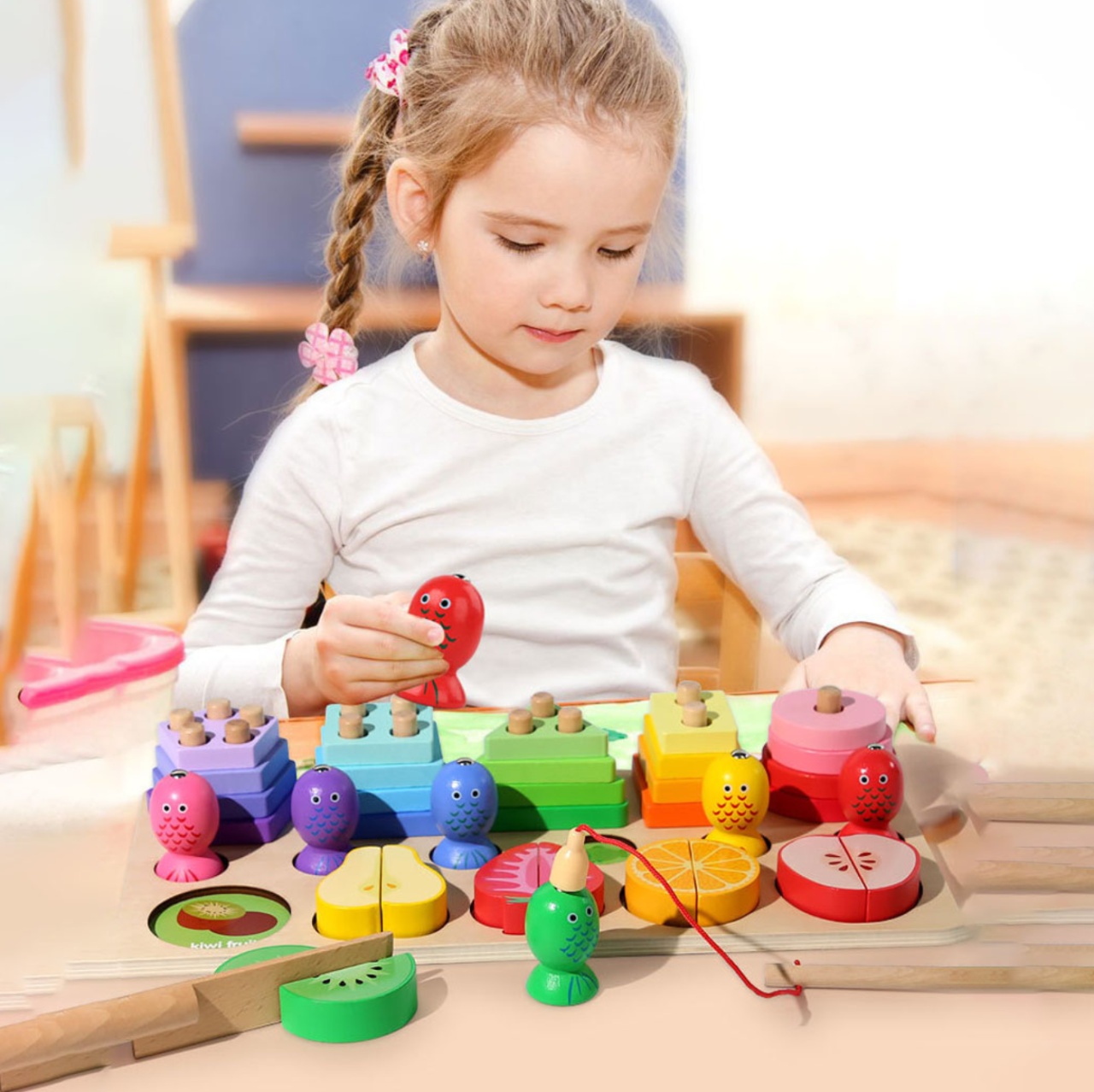 Joc Montessori multifunctional de pescuit, coloane sortatoare si fructe de feliat - 1 | YEO