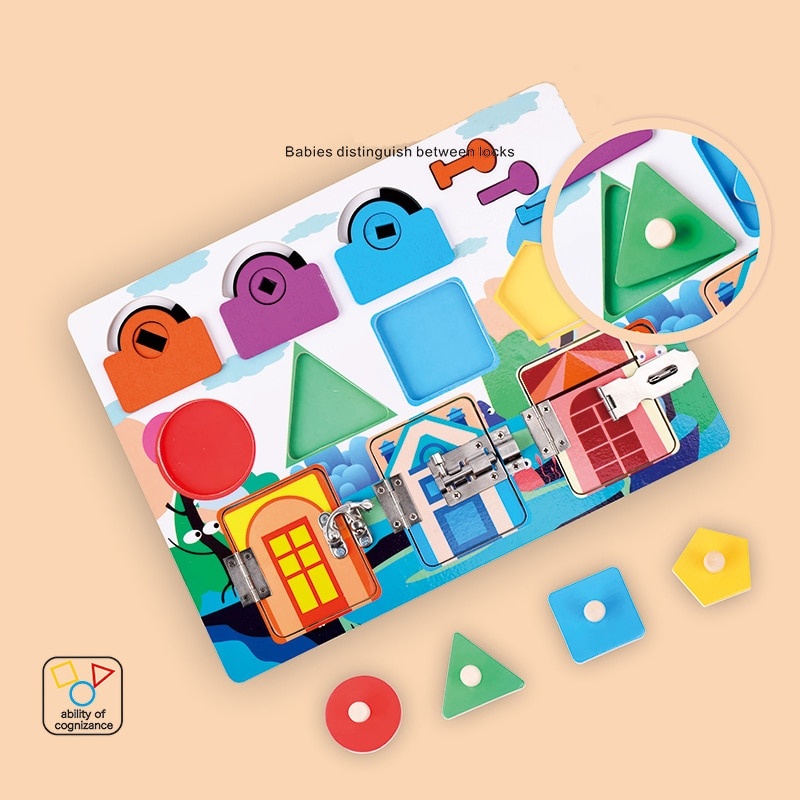 Joc Montessori Placa cu 5 activitati Tine-l Ocupat si Invata-l, din lemn - 1 | YEO