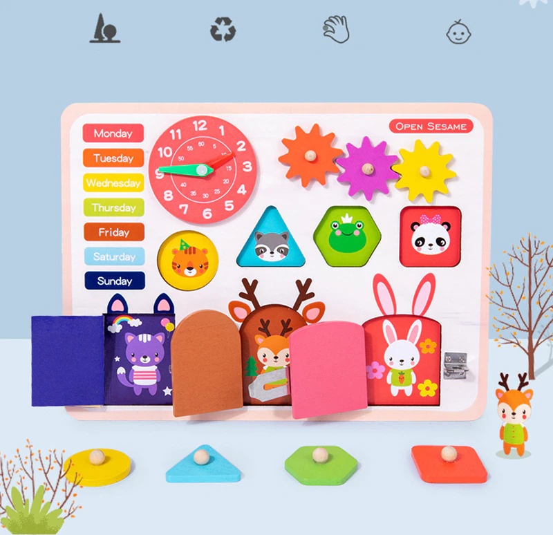 Joc Montessori Placa cu 6 activitati Tine-l Ocupat si Invata-l, din lemn - 2 | YEO
