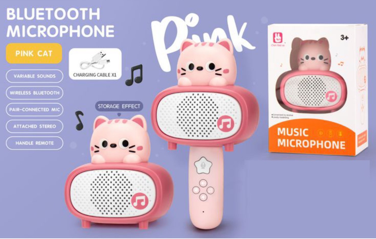 Microfon karaoke cu telecomanda, Bluetooth si incarcator cablu USB - Pisicuta roz - 1 | YEO