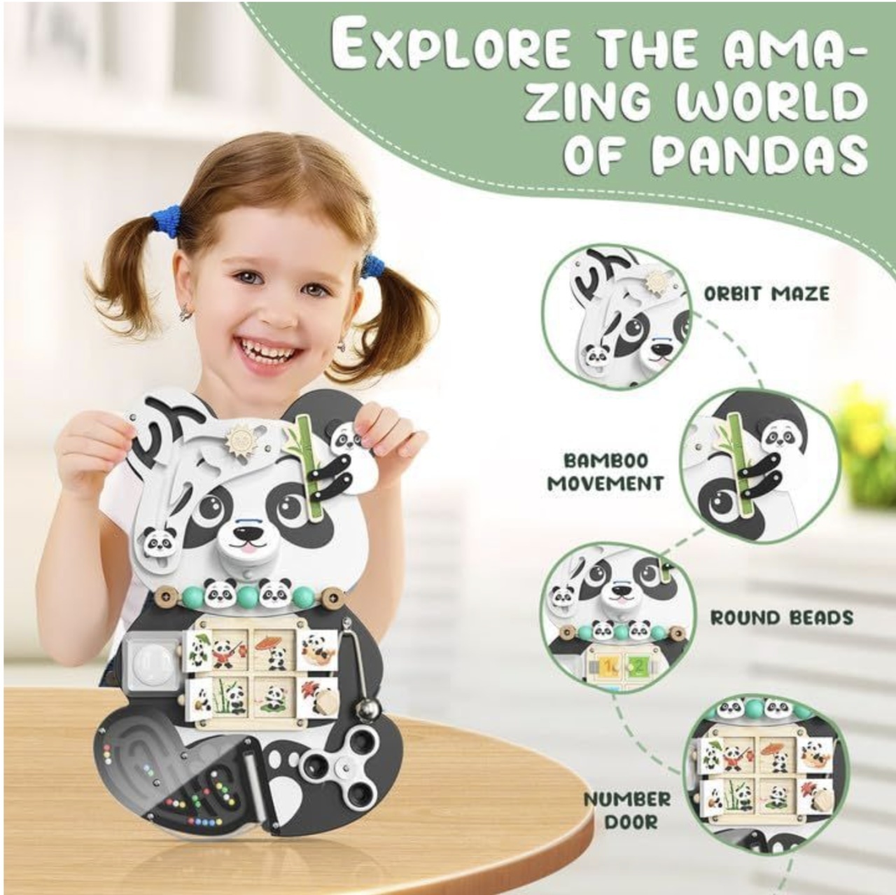 Placa Montessori Busy Board 12 activitati Panda, din lemn - 3 | YEO