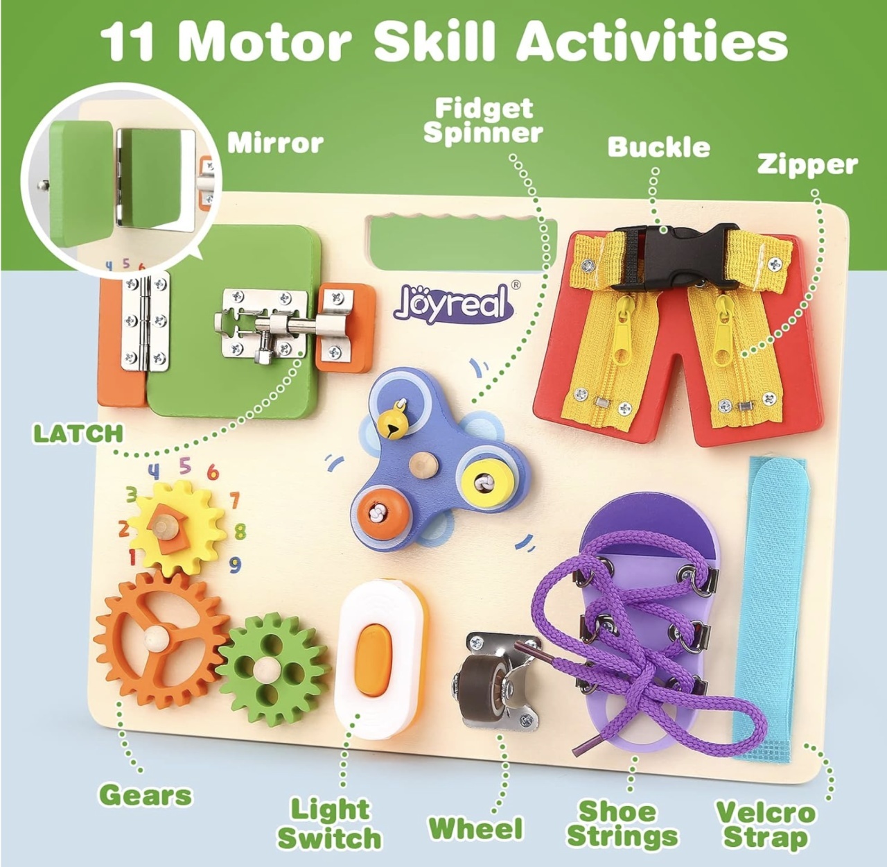 Placa Montessori Busy Board cu 11 activitati Pants, din lemn - 1 | YEO