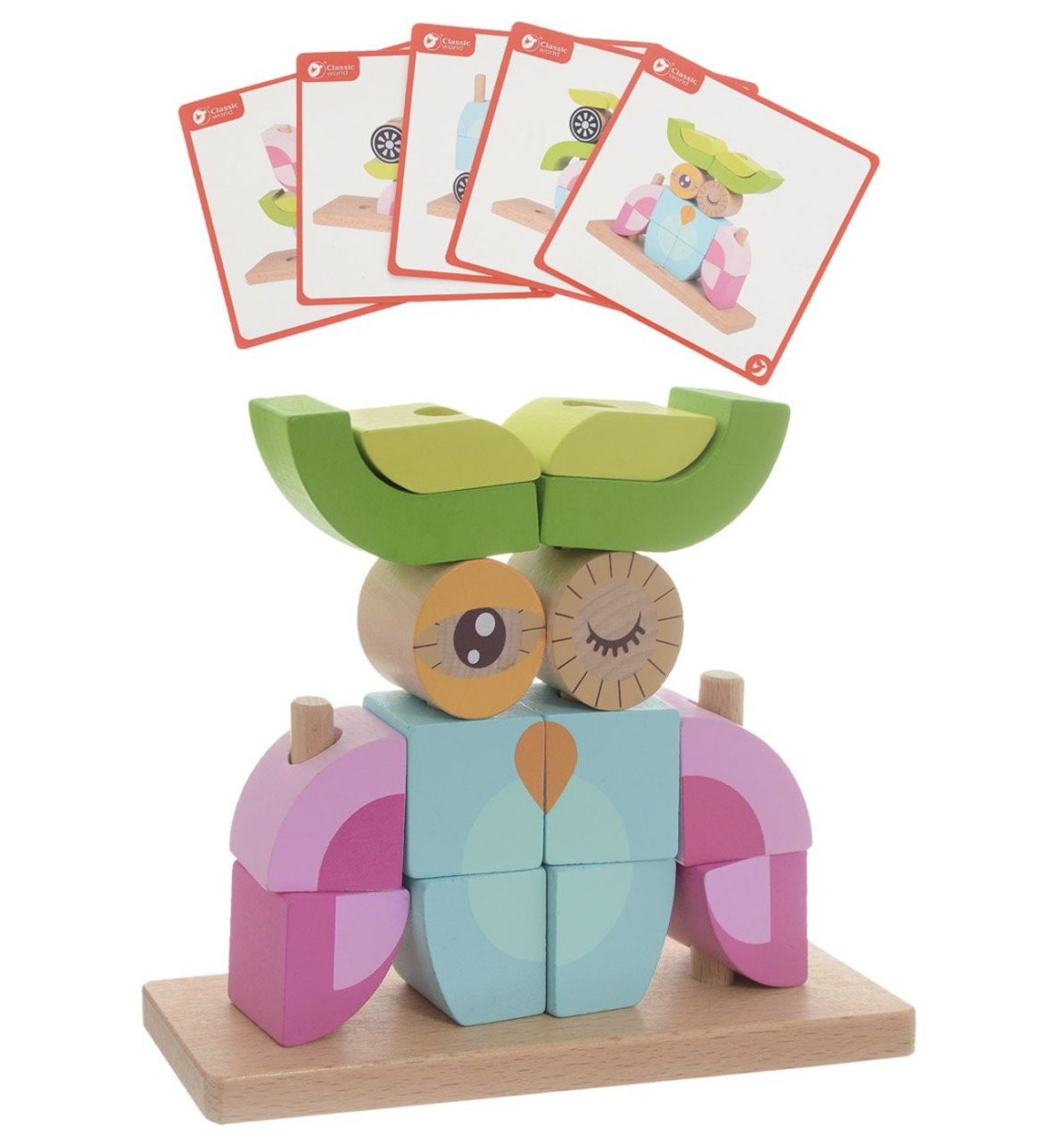 Puzzle 3D din 14 cuburi colorate, pe tije, Bufnita roz cu bleu - 1 | YEO