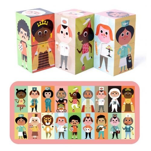 Puzzle chipuri si corpuri, cu 6 cuburi, din lemn - 1 | YEO