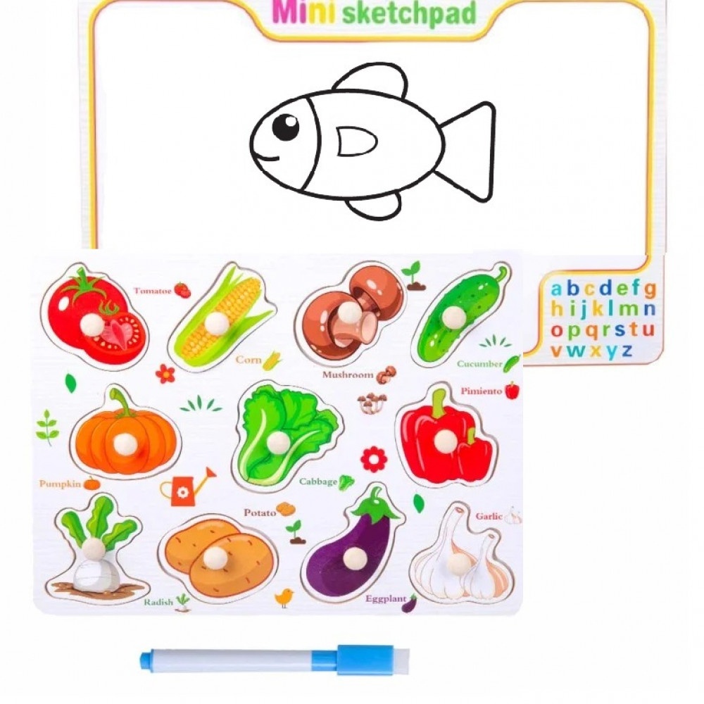 Puzzle incastru cu tablita de desen si marker, Legume, din lemn - 1 | YEO