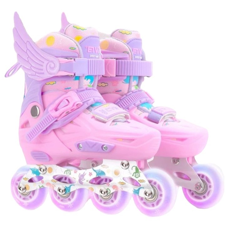 Role copii 2 in 1, Angel Wings, cu casca, cotiere si genunchiere, masuri reglabile, roz
