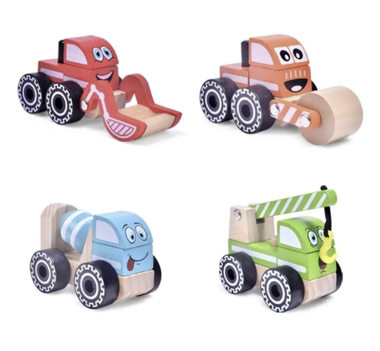 Set 4 Masinute Utilitare - Betoniera, Compactor, Excavator, Macara, din lemn