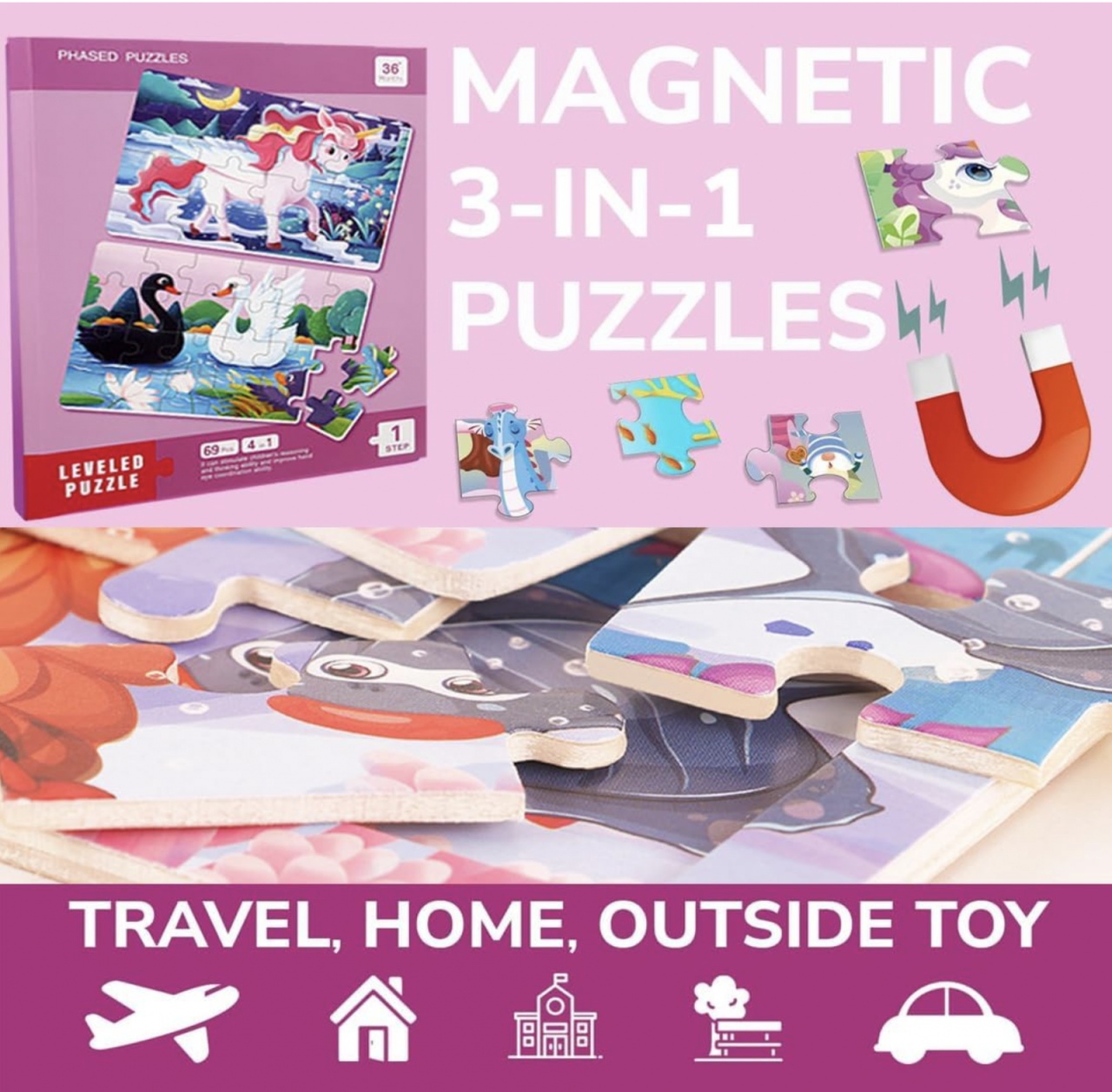 Set 4 puzzle-uri magnetice din lemn – animale, Montessori - 3 | YEO