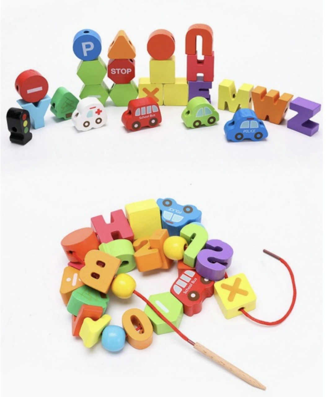 Set 75 piese de snuruit, cu litere, cifre, forme si vehicule, din lemn - 2 | YEO