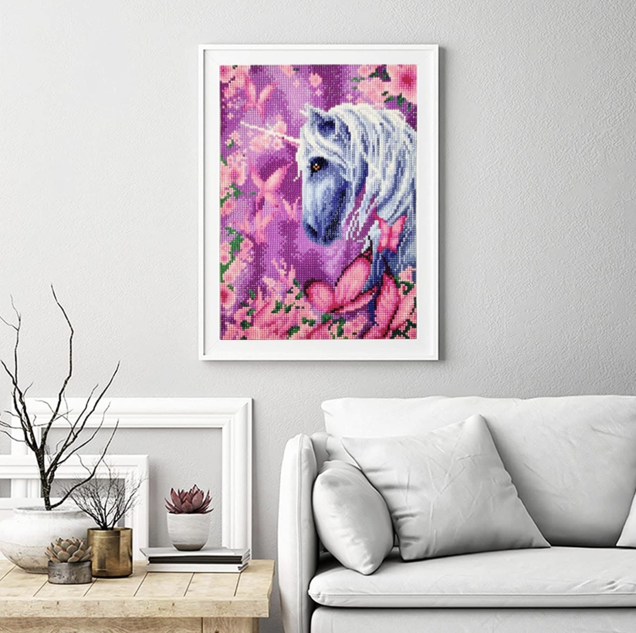 Tablou GM141 Unicorn printre fluturi, Pictura cu Diamante, Goblen cu pietre 5D, cu rama de lemn, 40 x 50 cm - 1 | YEO