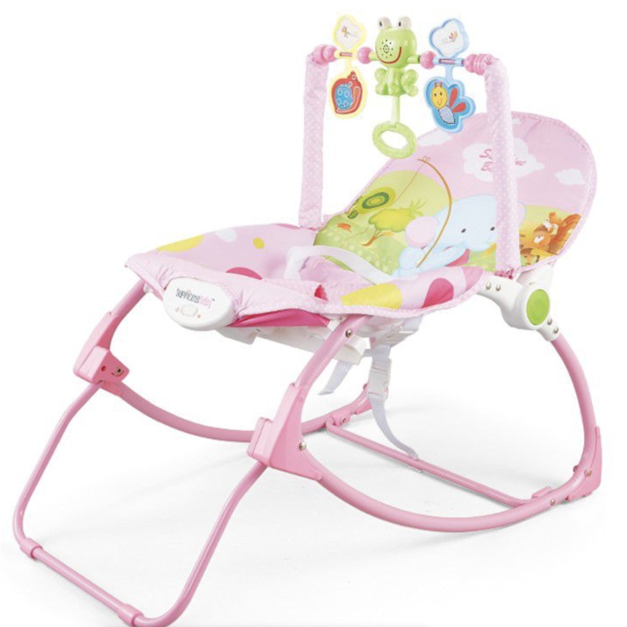 Balansoar si scaun 2 in 1 cu muzica si vibratii pentru leganare bebe 0-18 kg, Frog roz - 3 | YEO