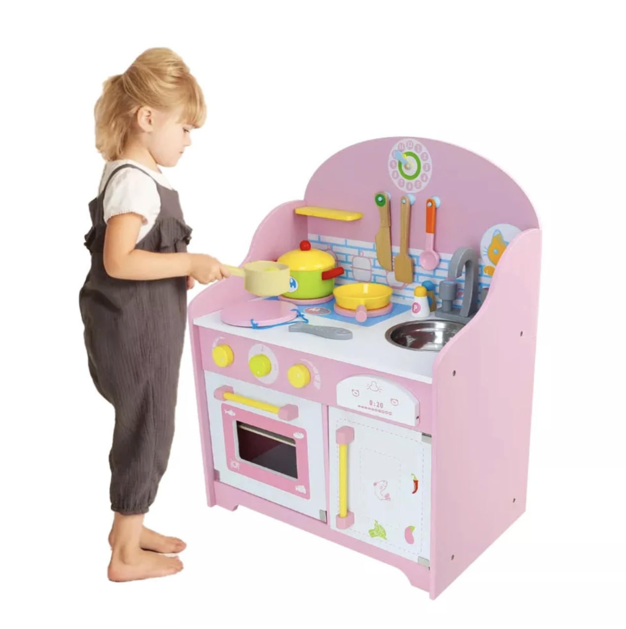 Bucatarie de jucarie din lemn cu frigider, cuptor si accesorii Pink MSN17061 - 2 | YEO