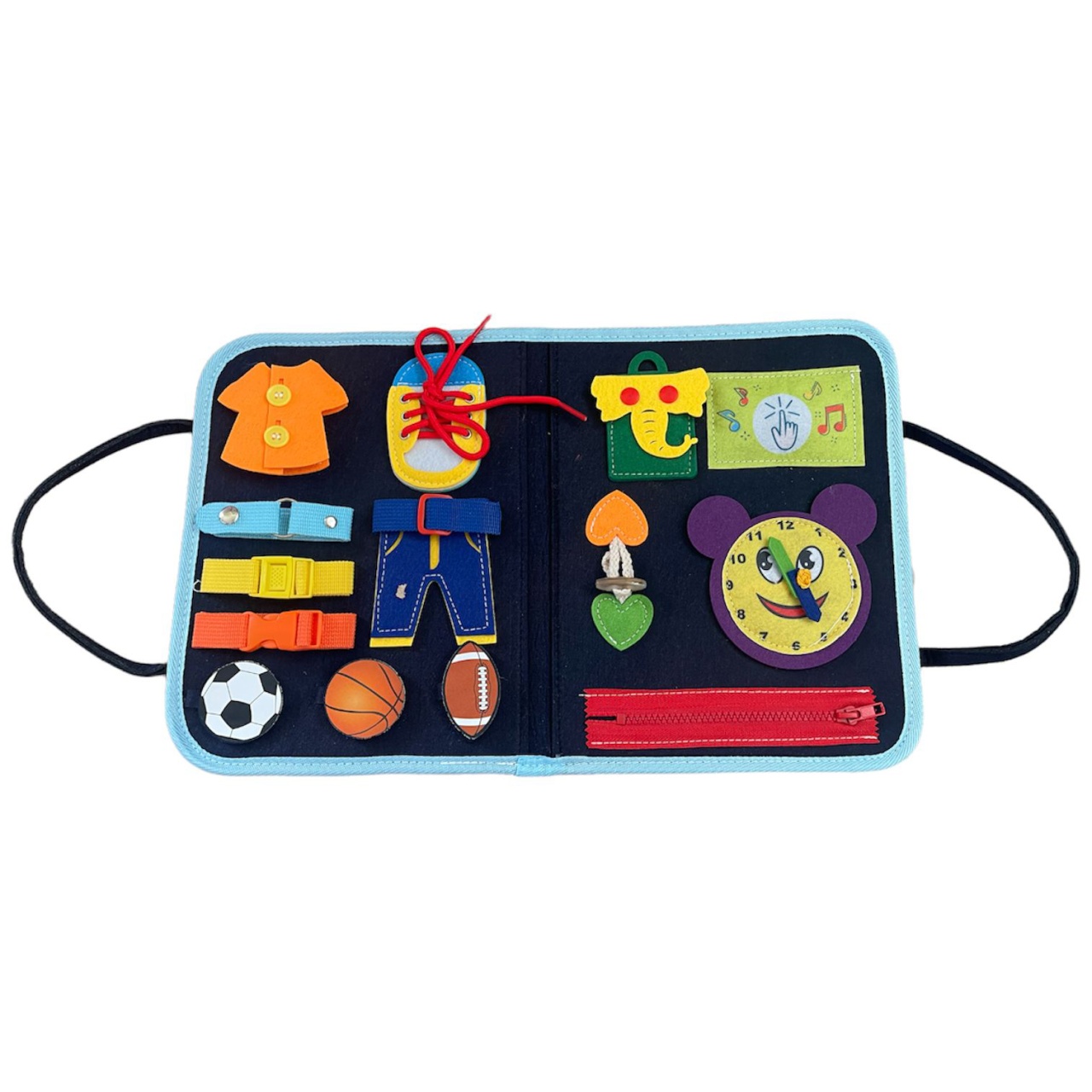Carte senzoriala tip geanta, cu 16 activitati, 45x28 cm, din fetru, bleumarin - 1 | YEO