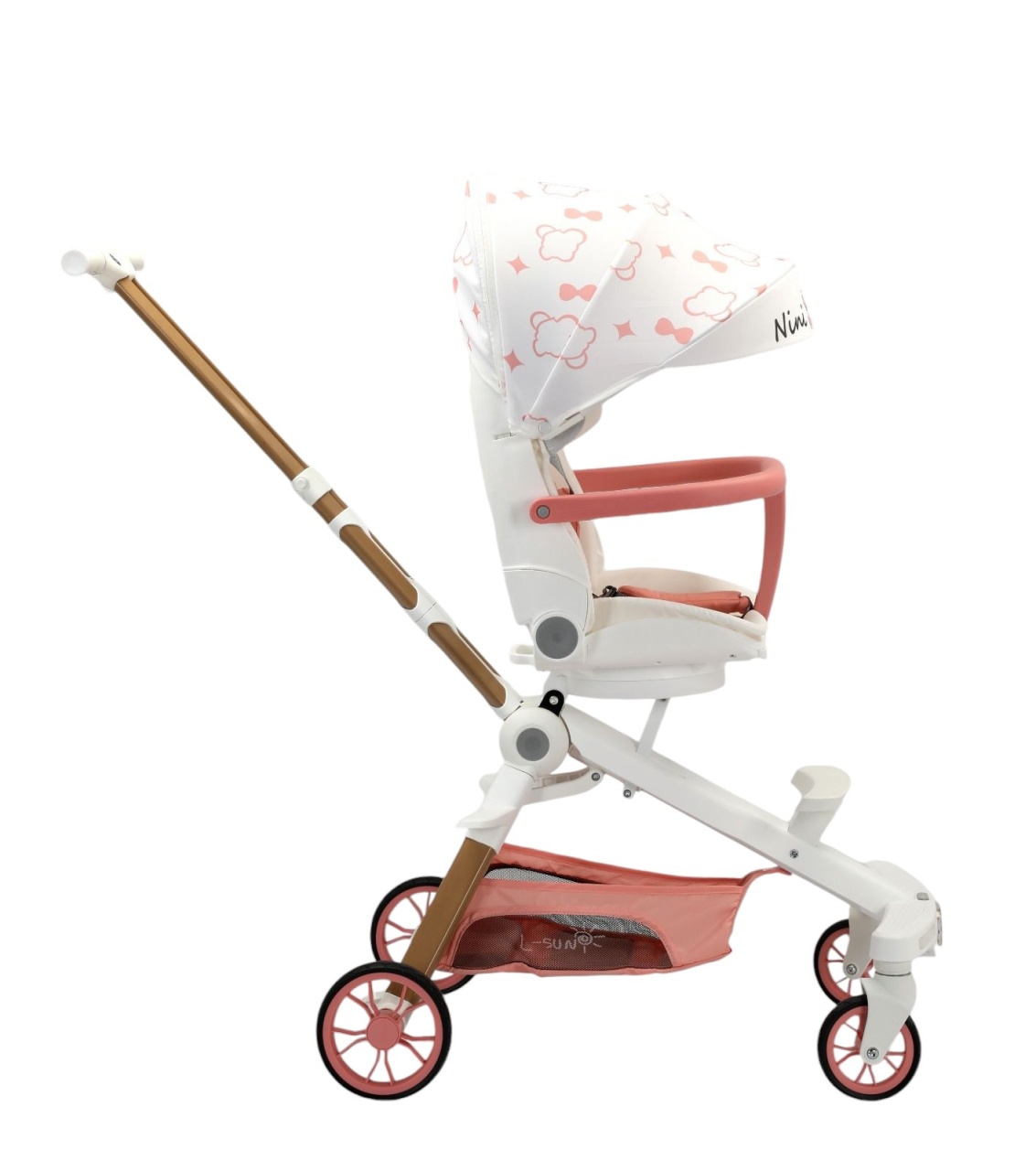 Carucior C2 Deluxe, reversibil, pliabil, cu lumini si muzica, Alb cu roz - 1 | YEO