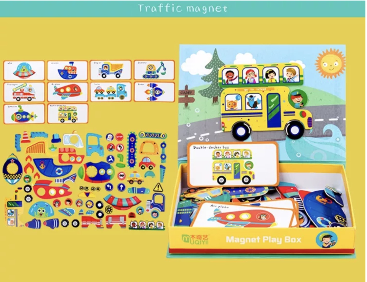Cutie verde cu 45 piese Puzzle magnetic Vehicule - 1 | YEO