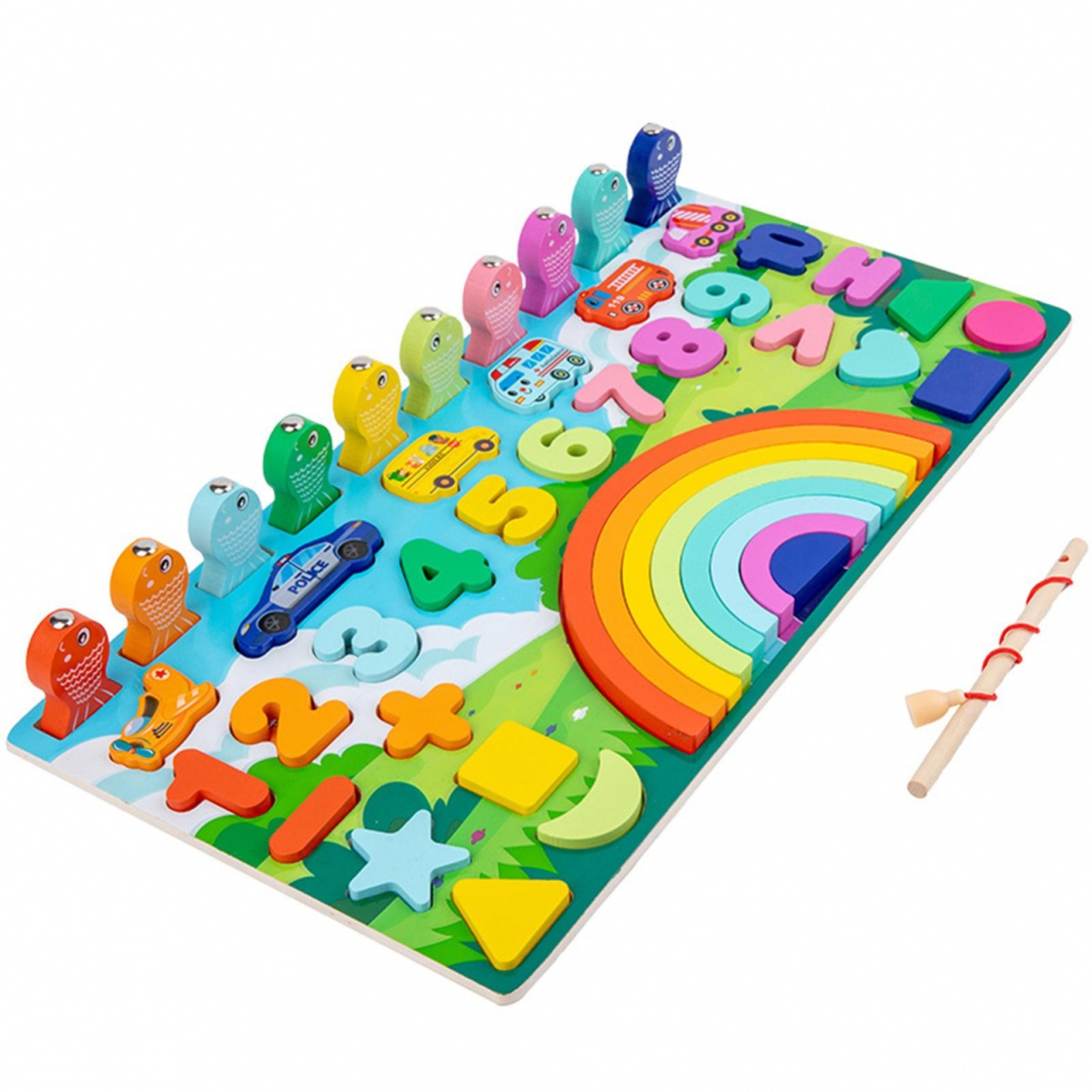 Joc Logarithmic Montessori 6 in 1 Curcubeu, cu cifre, forme, masini, joc de pescuit, din lemn - 1 | YEO