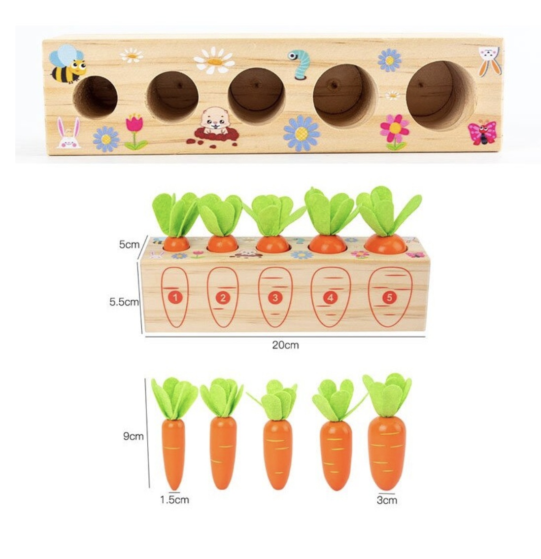 Joc Montessori de motricitate Morcovii - culegem si numaram, din lemn - 1 | YEO