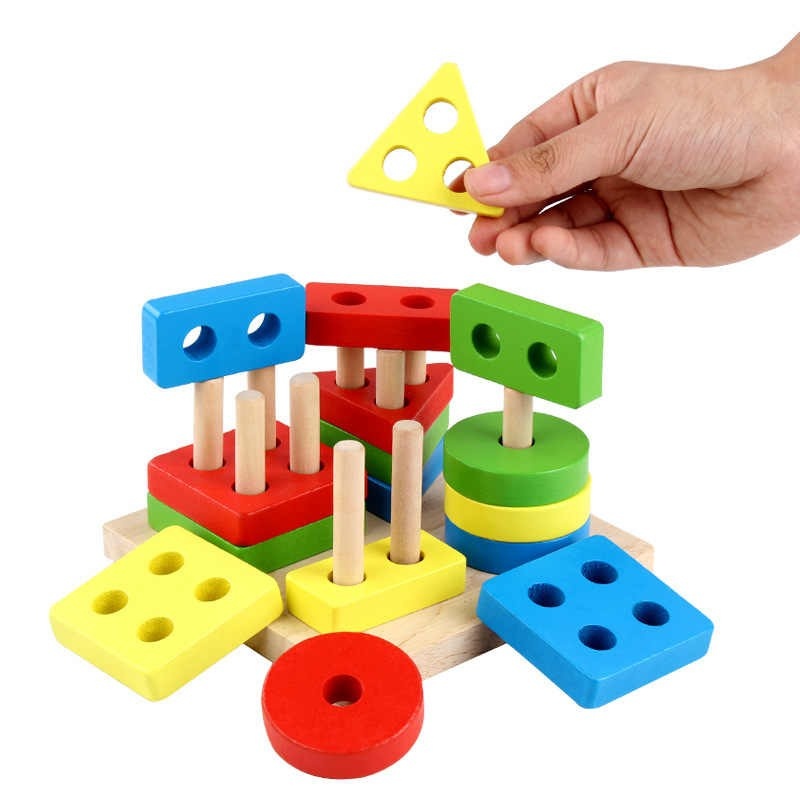 Joc Montessori din lemn Coloane Sortatoare Invata Formele Si Culorile Patrat