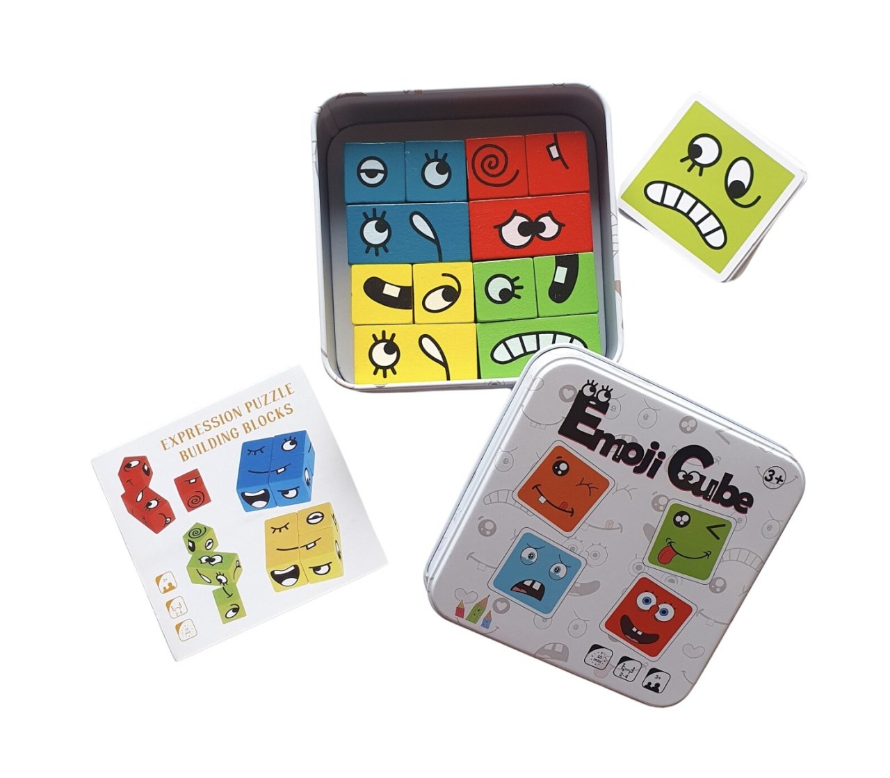 Joc Montessori Expresii faciale Emoji Cube in cutie metalica, 12 piese, din lemn
